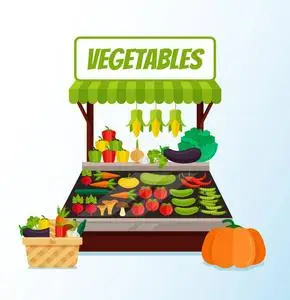 新鲜蔬菜街商店市场充满新鲜蔬菜. 矢量平面卡通平面图形设计照片