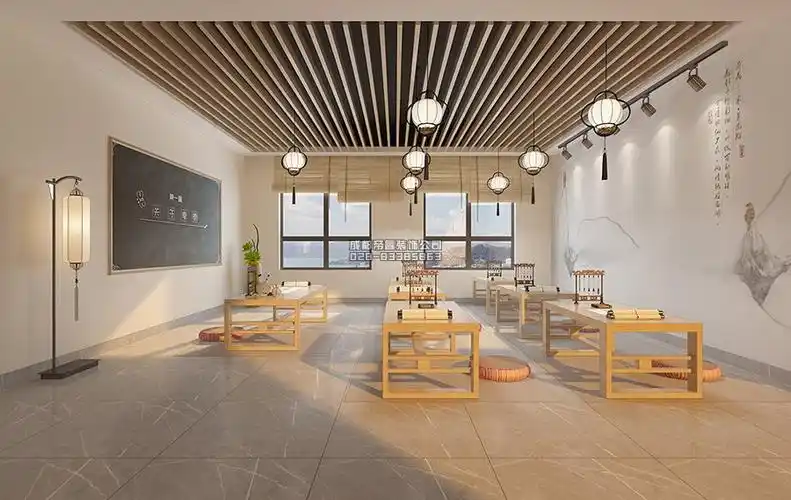 国学书法教室装修设计效果图文艺培训机构受教课堂装修效果图中式风格