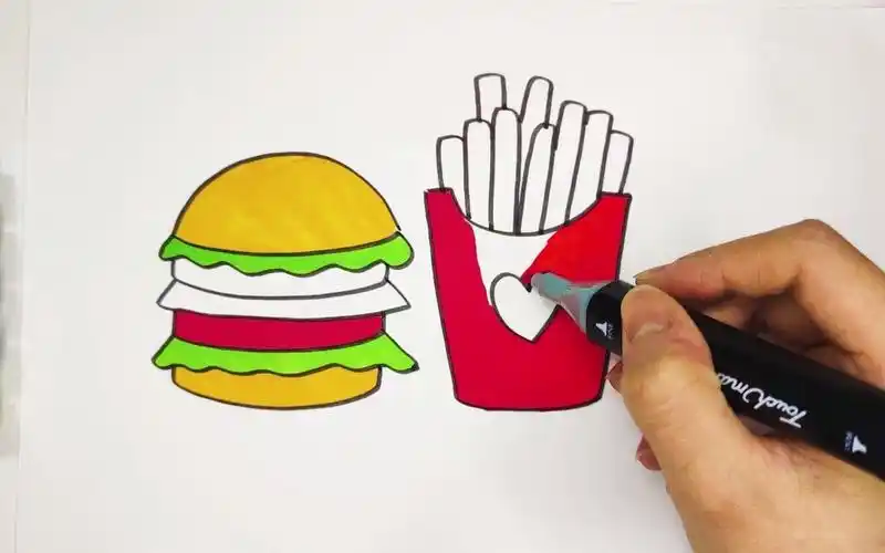 【简笔画】教你一步一步画可爱的汉堡薯条9293~超级简单的绘画