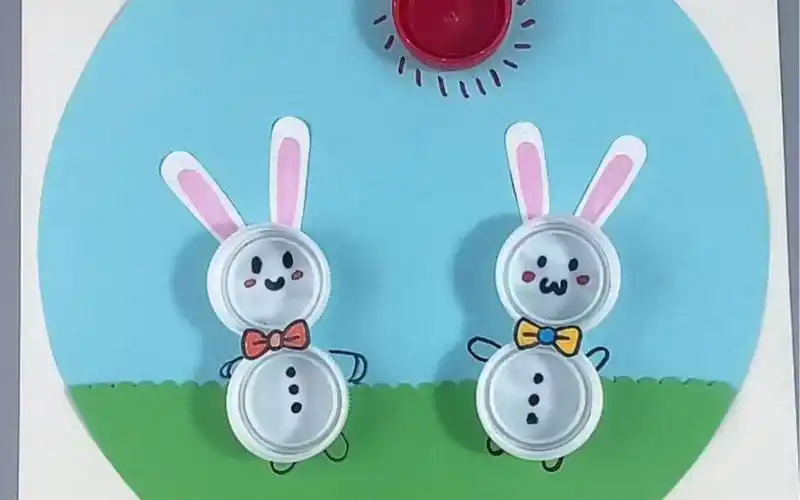 用瓶盖做儿童创意小白兔拼贴画吧,太可爱了#幼儿园手工 #废物利用