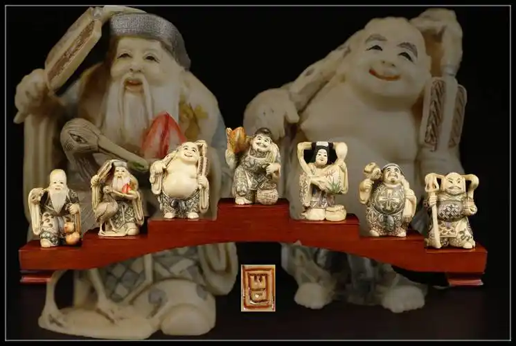 y0170时代マンモス制七福神雕刻根付提物7个木台付美品nh