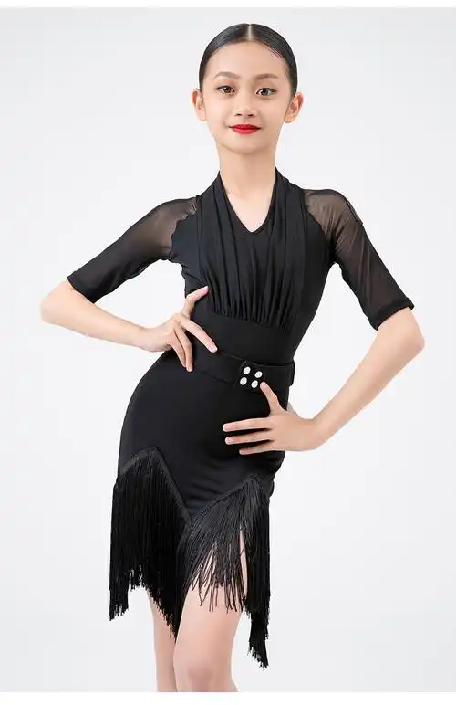练功服 女童舞蹈演出服流苏连衣裙 儿童拉丁裙比赛服 黑色连衣裙(不含