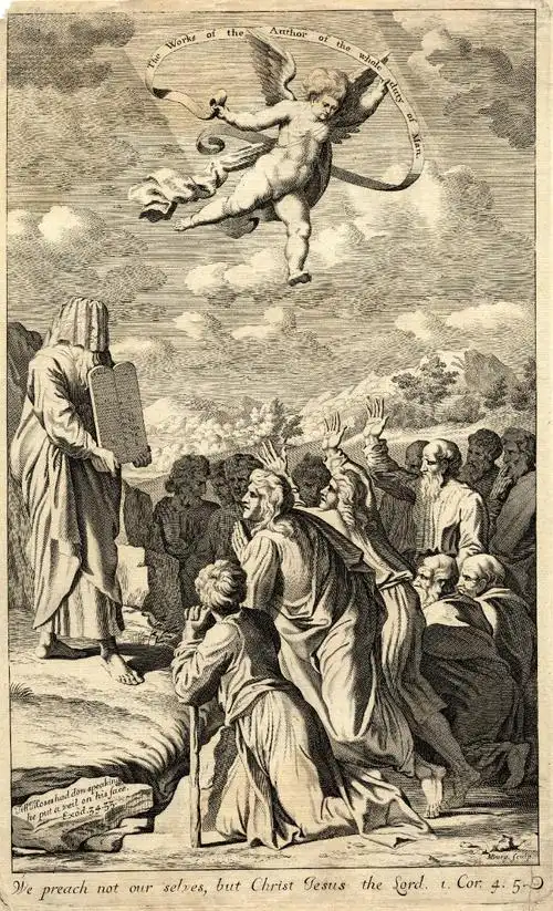 上图:17世纪的绘画,描绘摩西捧着十诫石碑下西奈山时,脸上蒙着帕子.