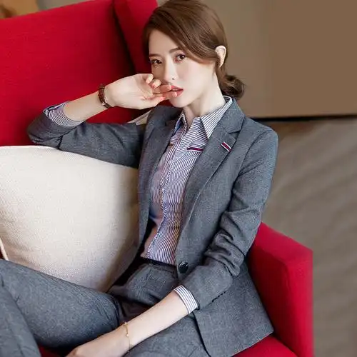 职业装女套装时尚秋冬面试西装灰色教师西服正装前台经理ol工作服
