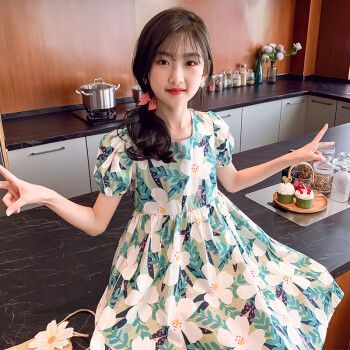 女孩洋气短袖裙子包包浅蓝色小花连衣裙110建议身高100110cm体重2030