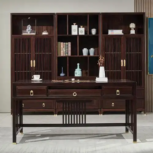 新中式乌金木实木书柜双门书橱整体书房柜子落地书柜