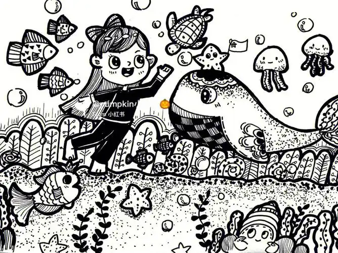 美术考编黑白装饰画海底世界