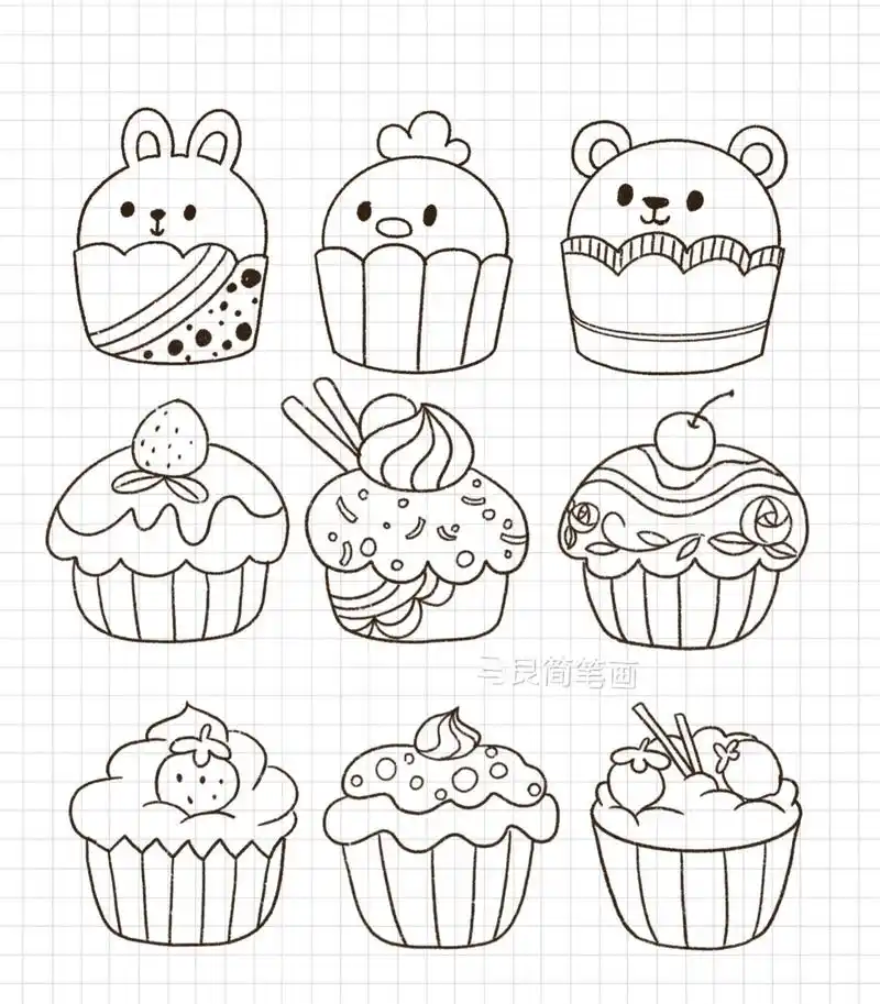 简笔画|草莓樱桃纸杯蛋糕甜点甜品手帐素材 零基础绘画|简笔画教程