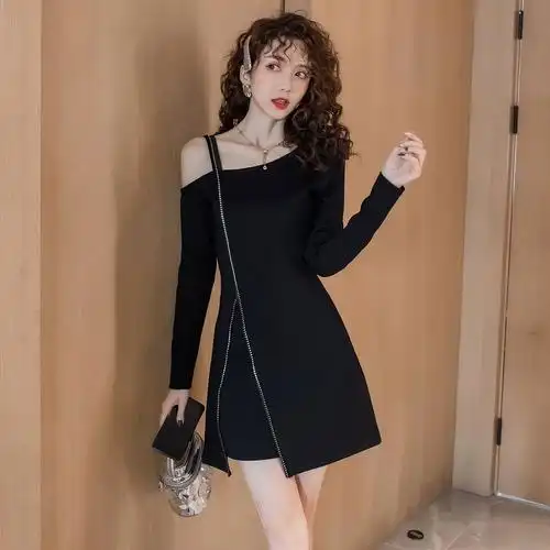 秋装新款轻熟风气质御姐女装气质收腰显瘦斜漏肩性感气质连衣裙子