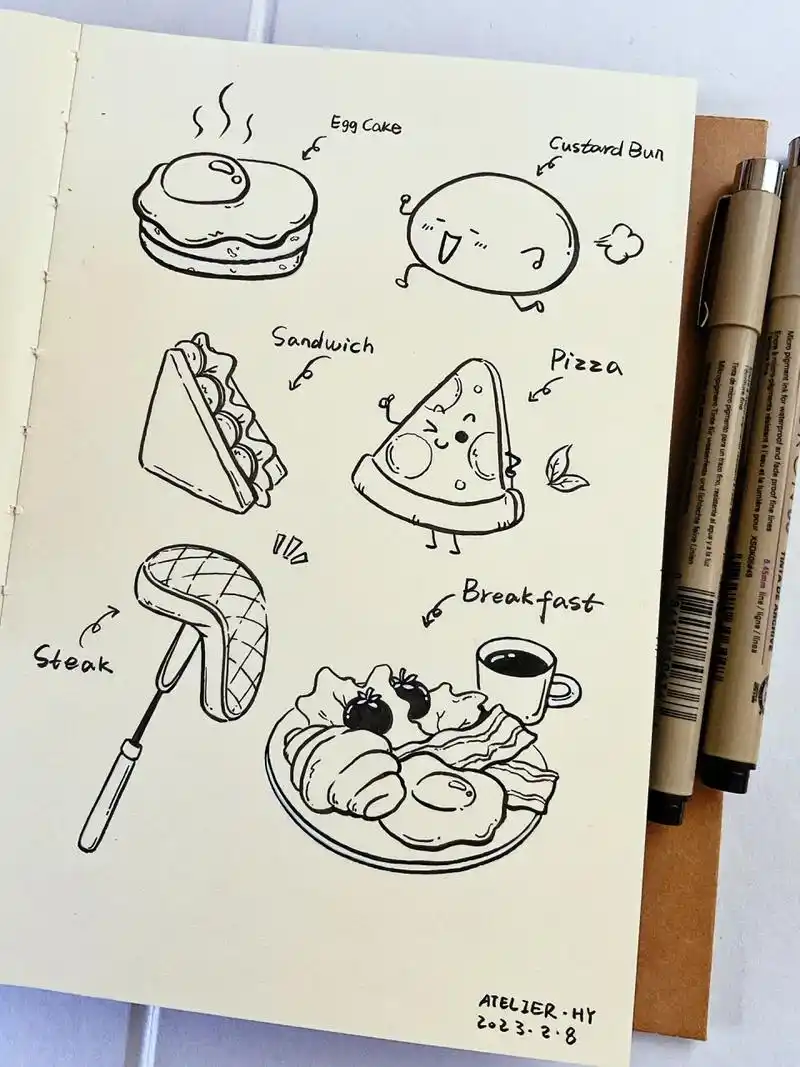 美食主題 简笔画 | 黑白手绘 | 手帐素材 臨摹和参考了在naver上 曾