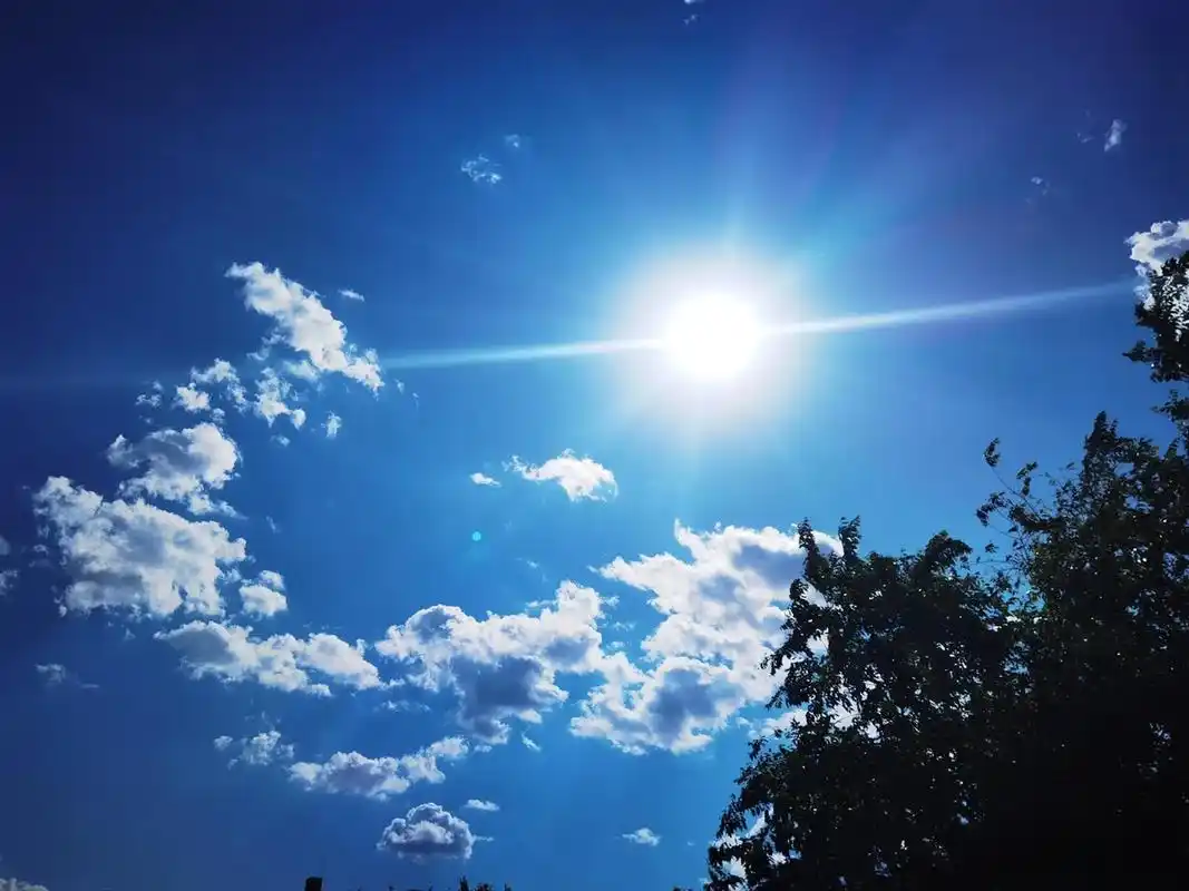 可以分享一张你拍的天空美照吗  蓝天,白云,阳光,绿树.