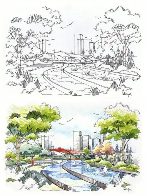 景观写生城市公园景观手绘分享