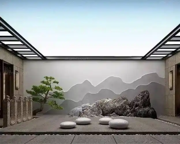 夜幕降临,仍有它独特的魅力, 山水景墙搭配景观灯