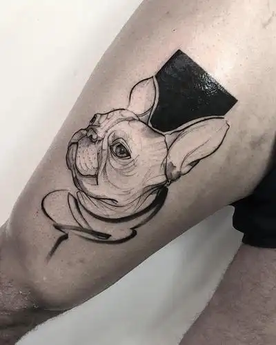 大腿黑灰线条狗狗纹身图案