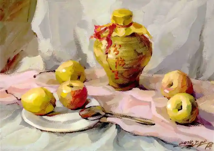 色彩静物组合写生_水果组合,不锈钢勺子,酒瓶