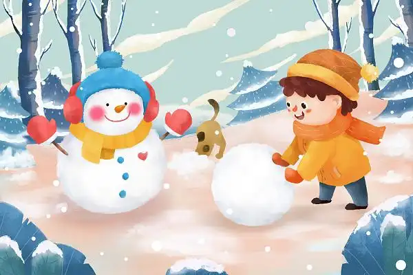 冬天背景雪人冬天场景插画卡通插画堆雪人高清