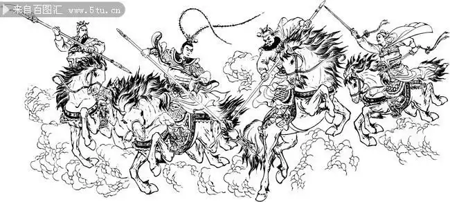 三英战吕布白描插画