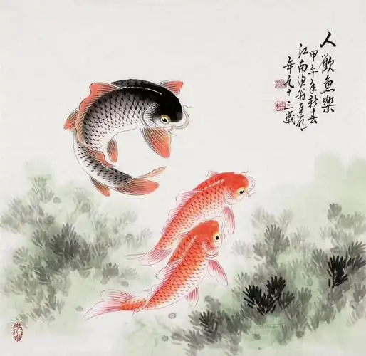 迟明收藏四尺斗方写意国画鱼