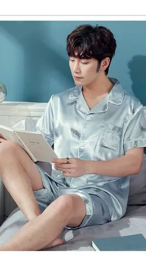 家居服睡衣男夏季短袖冰丝家居服男士春夏款丝绸薄款短裤两件套装 男