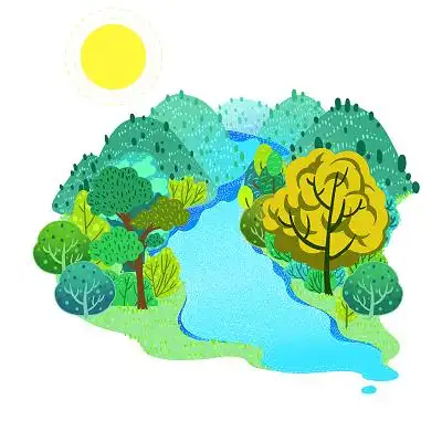 河流树木远山手绘卡通青山绿水元素