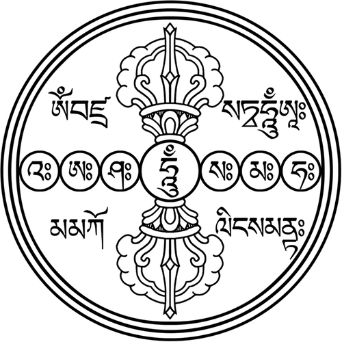 印图分别由:金刚萨埵心咒,六道金刚咒,本觉大密咒,金刚杵,"吽"种子字