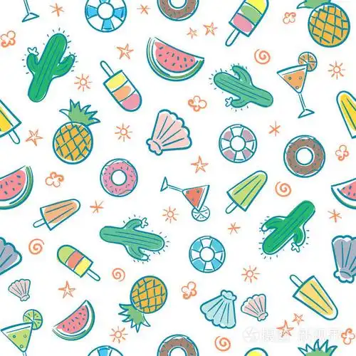 可爱的无缝夏季图案与夏季元素,包括海浪,菠萝,鸡尾酒,仙人掌,冰淇淋
