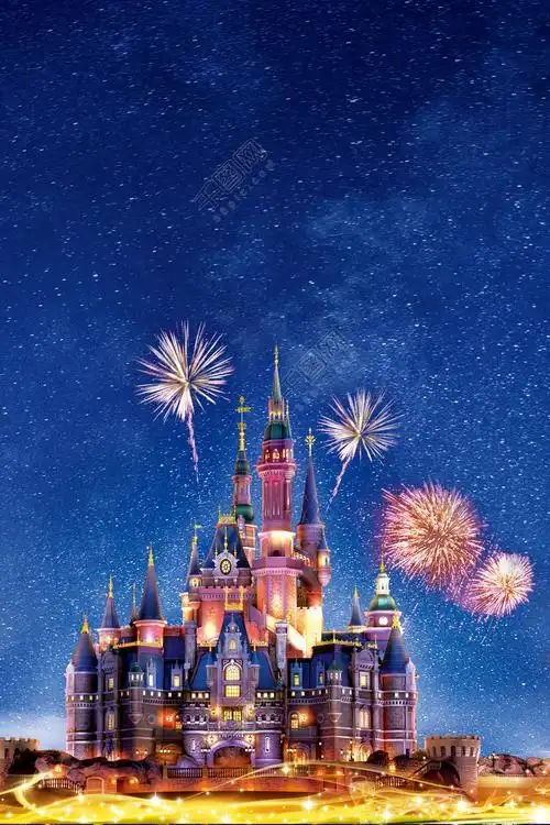 蓝色星夜烟花下的迪士尼城堡海报背景设计