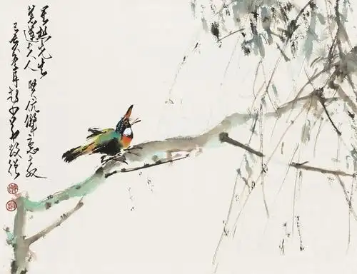 1071 己亥(1959年)作 柳枝鸣禽 立轴 设色纸本
