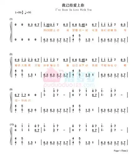 念阳凡懿《我已经爱上你》钢琴双手简谱1