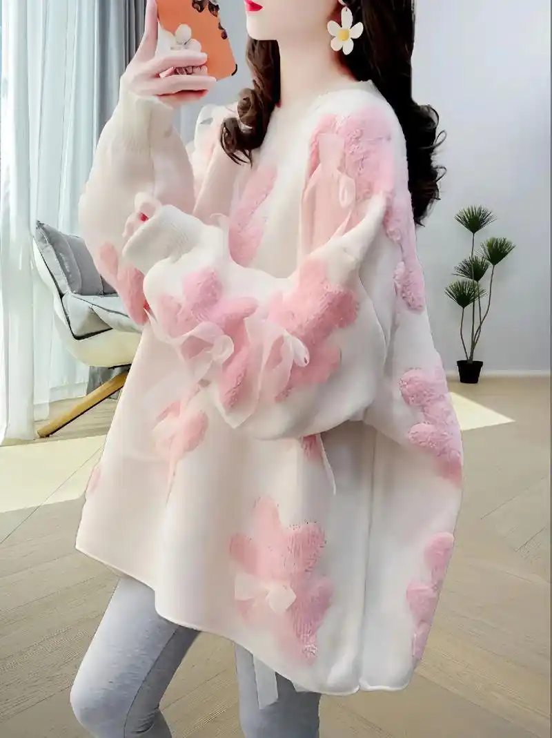 这款高级感超好看的蝴蝶结圆领毛衣女秋冬外穿宽松慵懒风爆款洋气