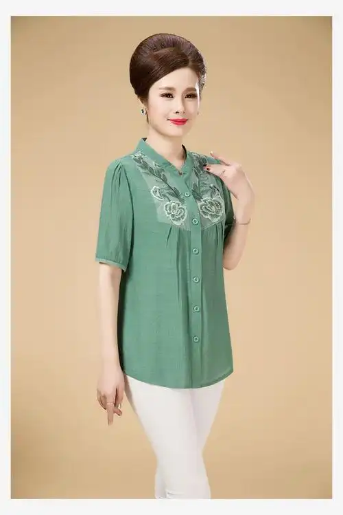 中老年女装 短袖 棉麻衬衣短_2019夏装新款女中老年短袖亚麻衬衫妈妈