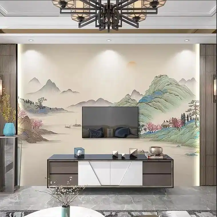 电视背景墙壁纸2022新款墙纸轻奢新中式