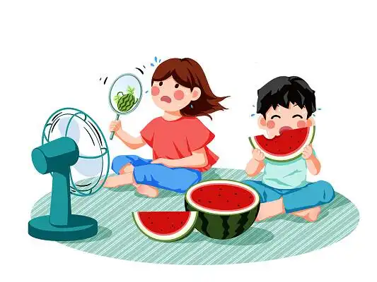 夏日炎热室内吃西瓜吹电扇扇子扇风人物元素png素材高温