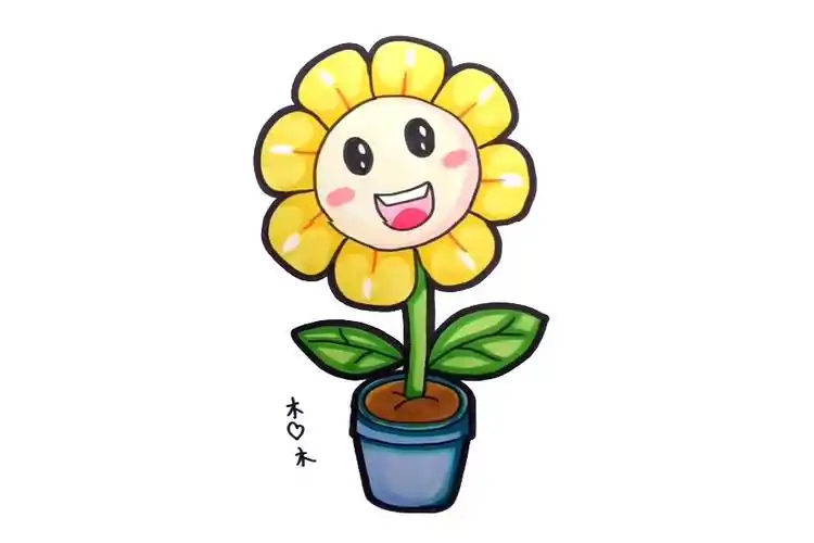 简笔画作品完成图1. 首先画出一朵向日葵,然后为它画上可爱的笑脸.2.