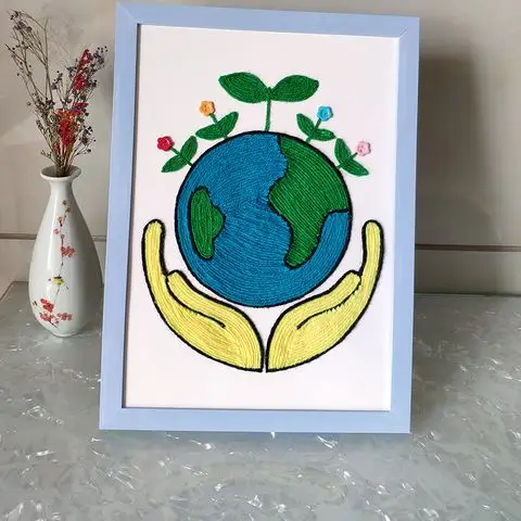 幼儿园手工课材料包毛线扣子粘贴画创意新奇环保玩具贴画保护地球