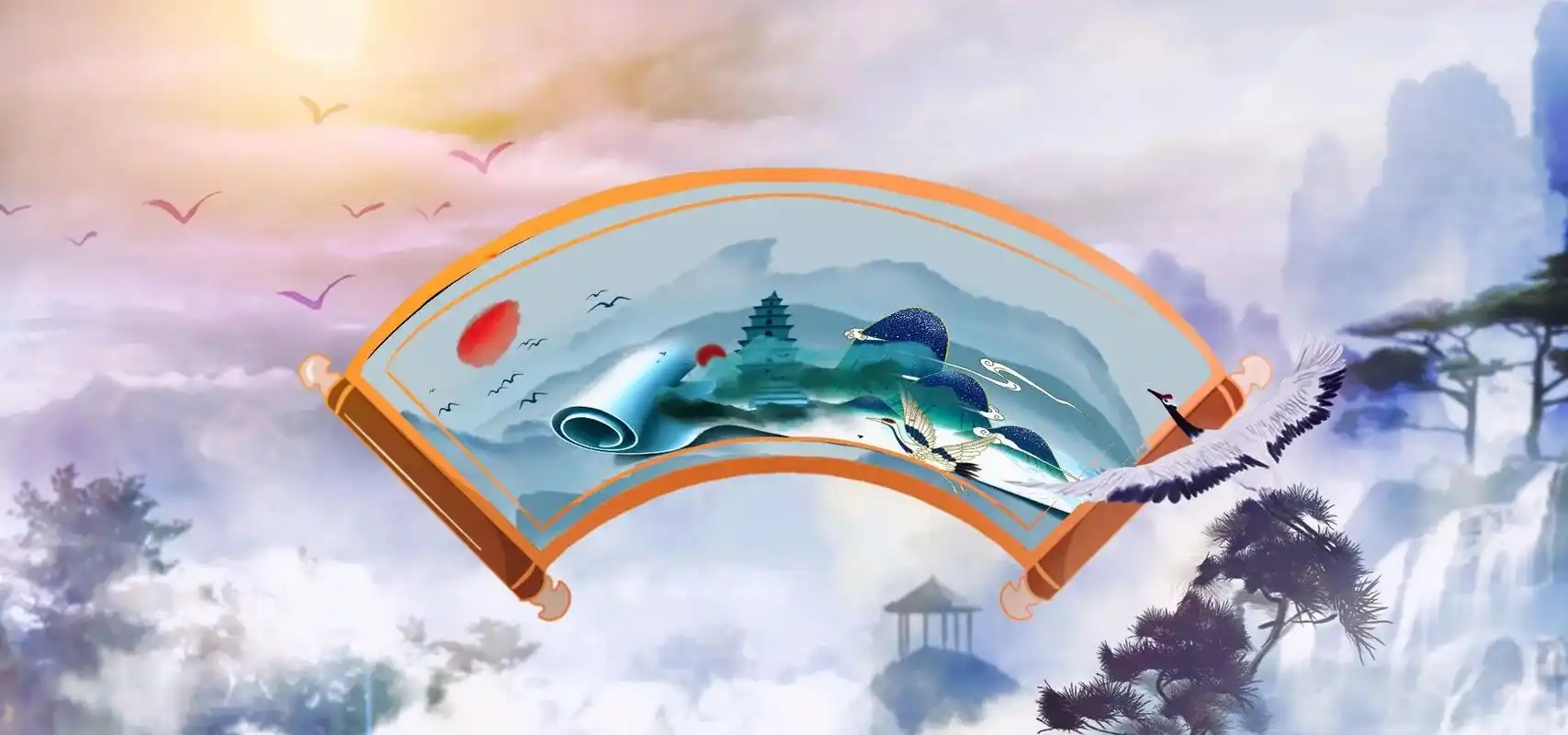 中国风水墨画卷合成海报展板禅意卷轴画装饰