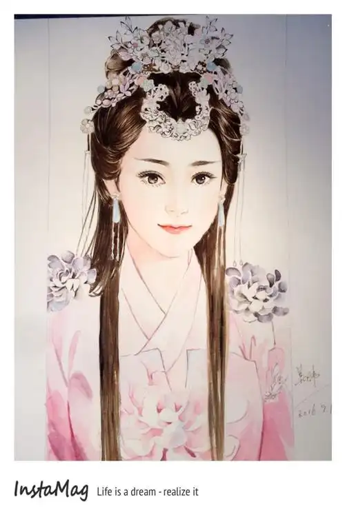 水彩手绘之古装美女,精力全都花在发饰上了