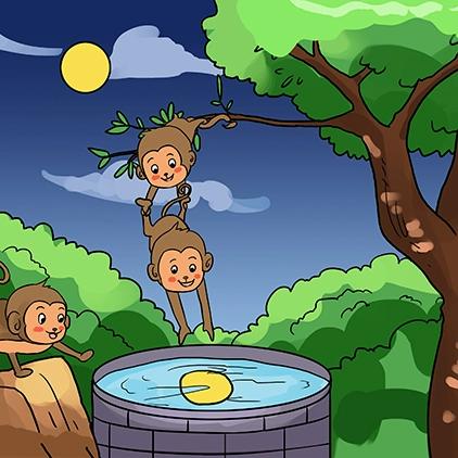 高清led大屏幕舞台背景寓言故事卡通儿童猴子捞月虚拟静态图片