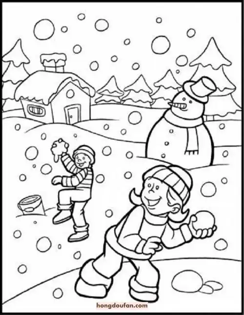 雪人打雪仗划雪橇热巧克力涂色大全-红豆饭小学生简笔画大全