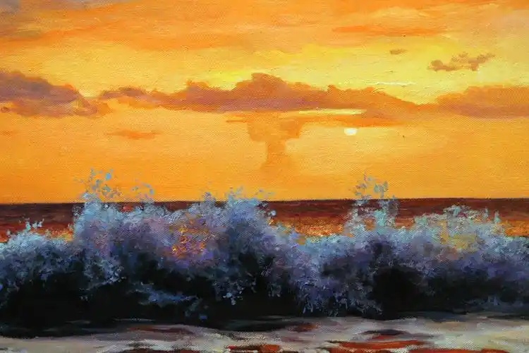 朝鲜名家 朴成龙《海边之霞》油画力作【白头山出品】