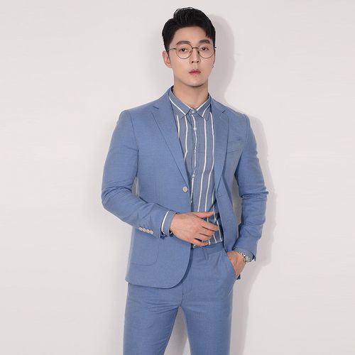 川泽男士浅蓝色西装件套新款韩版修身单排西服西服套装