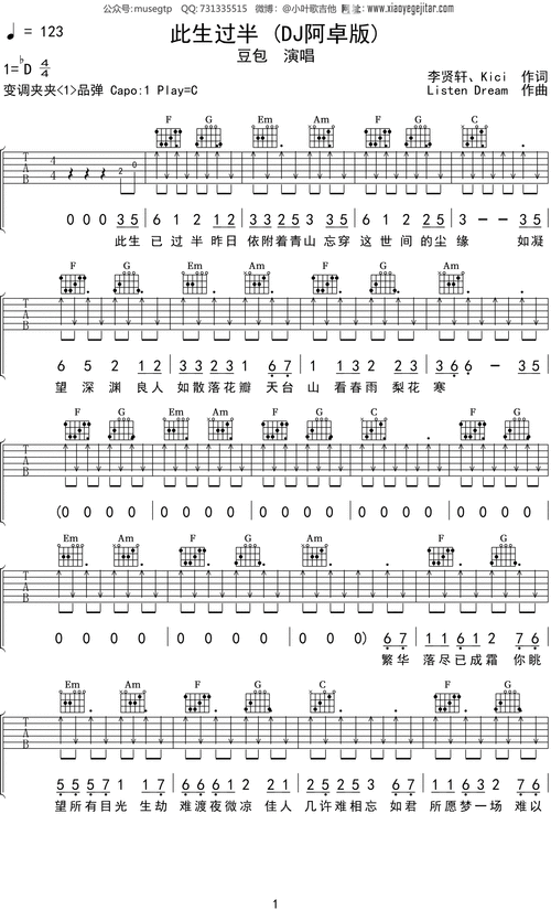 dj阿卓版《此生过半》吉他谱c调吉他弹唱谱