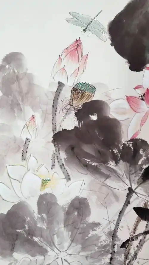 界画寒江---写意作品《荷花蜻蜓》,纸质:生宣,尺寸:125x67cm.