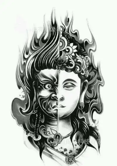 这种纹身叫佛魔两面生,您可以直接百度佛魔纹身即可找到. 00分享