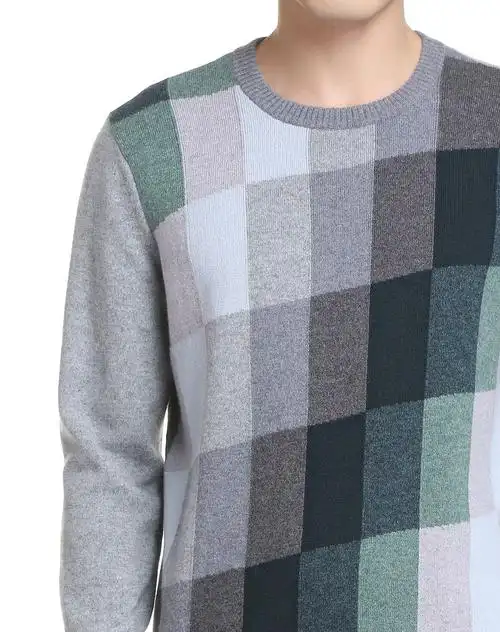 淡灰/绿色休闲百搭长袖山羊绒衫