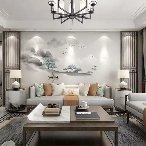 新品新中式意境山水画电视背景墙壁纸水墨墙纸客厅卧室影视墙壁画