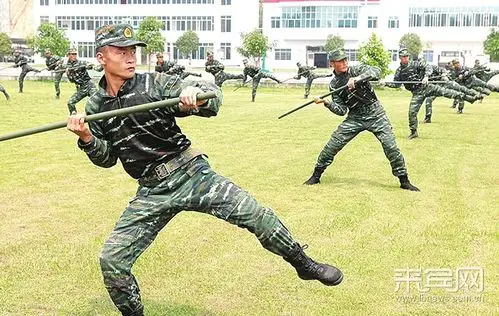 应急棍术训练中武警战士目光坚毅,手臂孔武有力.