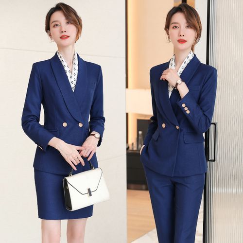 诗璐雅春秋蓝色职业套装女神范总裁干练西装前台接待工作装正装女