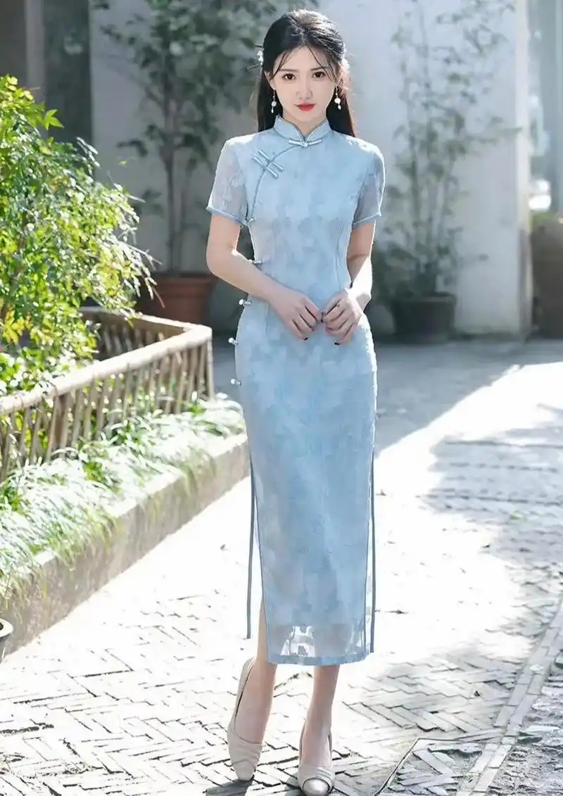 香颂歌 | 蓝色旗袍新款2023年小清新年轻款,气质高端少女夏季改良新