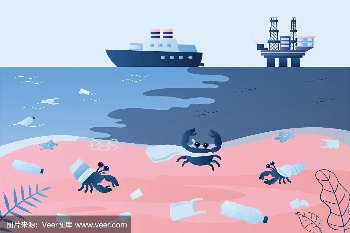 海岸边有塑料垃圾和各种垃圾.油轮和石油平台污染海洋.